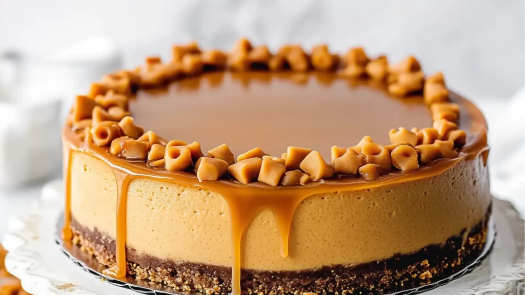 two slices of butterscotch cheesecake on white plates