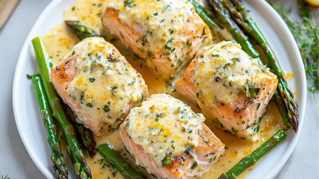 asparagus and lemon basil ricotta stuffed salmon rolls with lemon sauce on a white plate
