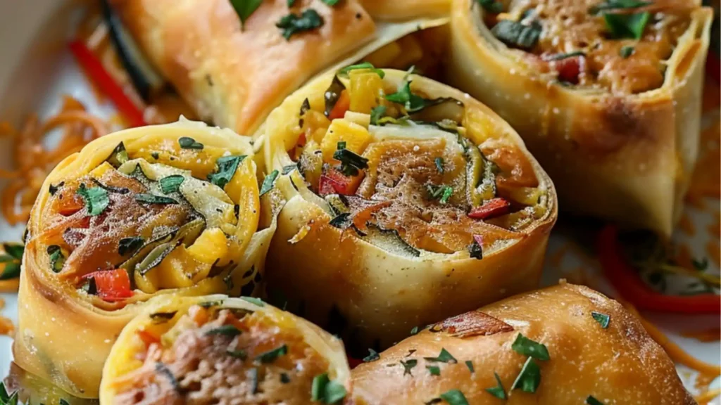 baked veggie rolls on a white plate and in a pan with the words baked veggie
