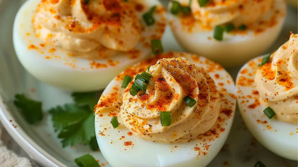 a white bowl filled with deviled eggs topped with sesame seeds and garnishes