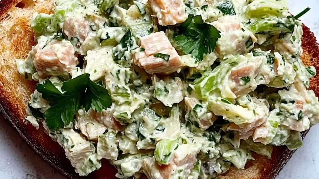 green goddess tuna salad on toasted bread is an easy and delicious appetizer