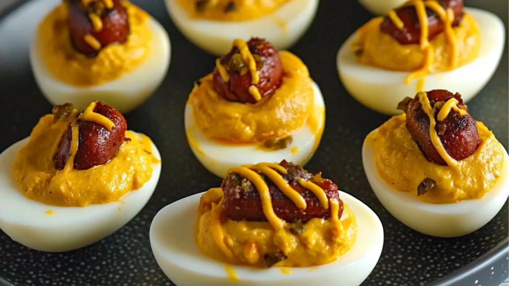 deviled eggs with hotdogs and mustard on them sitting on a black tray