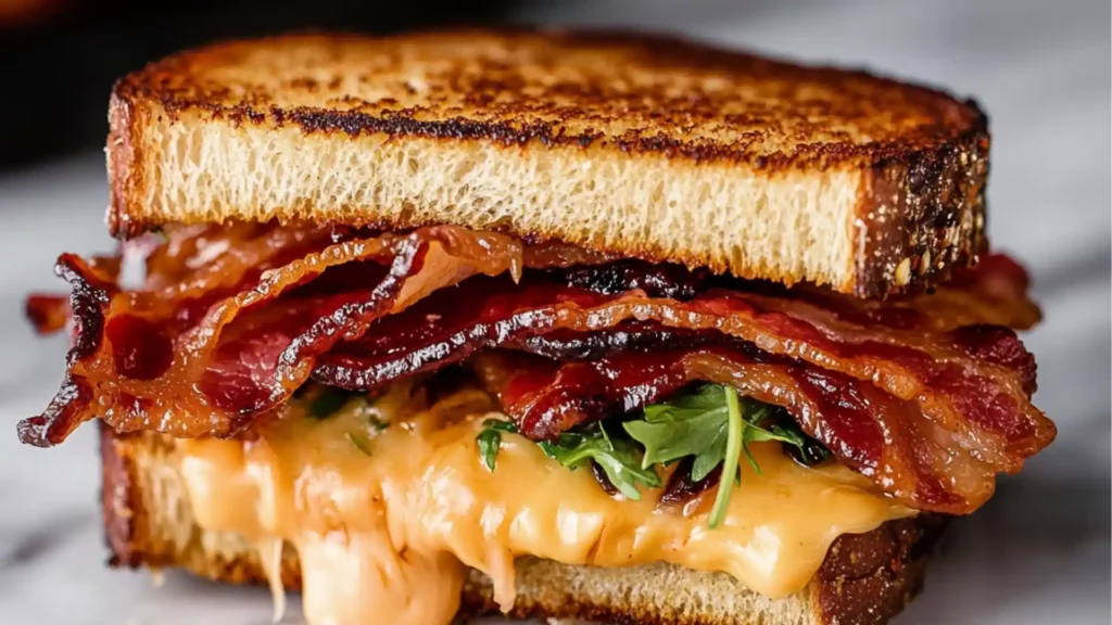 bacon sandwich with cheese and lettuce on it is shown in two different images
