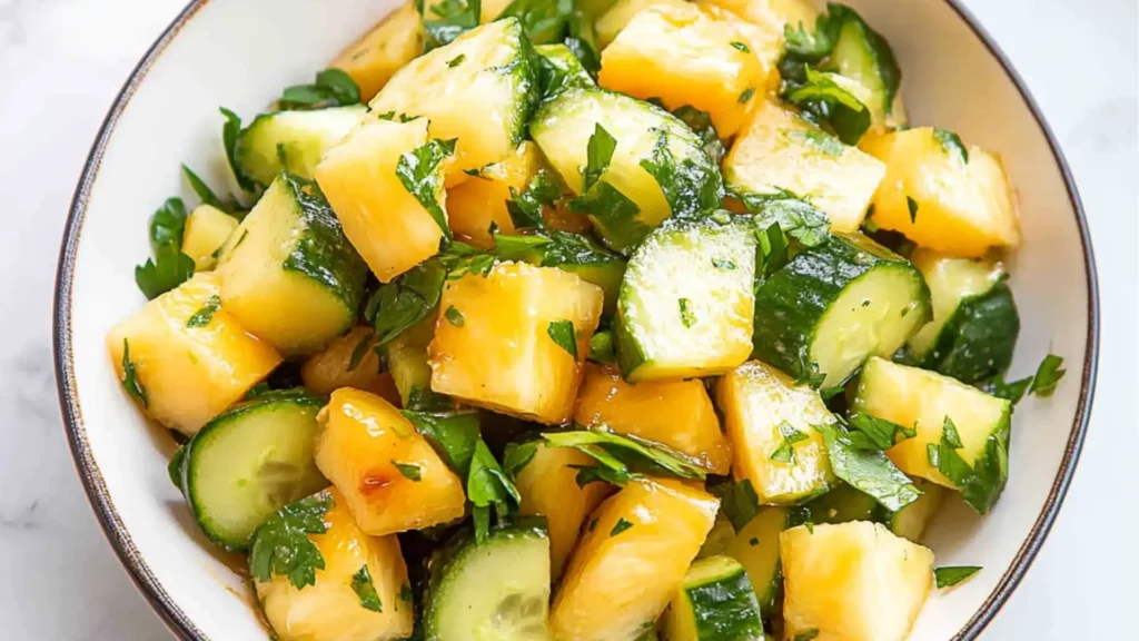 pineapple cucumber salad in two white bowls with green lettering on the side