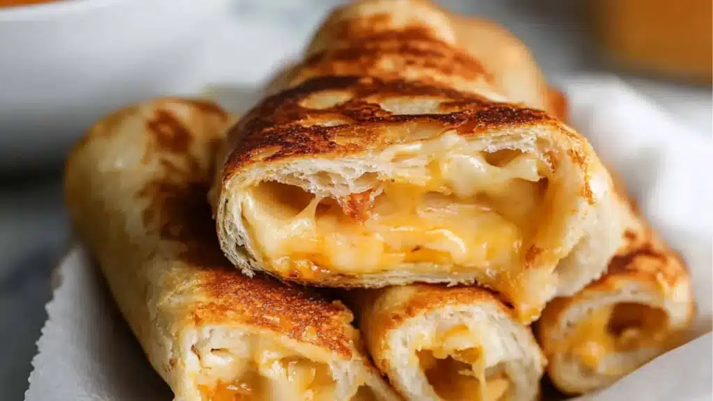 grilled cheese roll - ups on a white plate with text overlay that reads grilled cheese roll - ups
