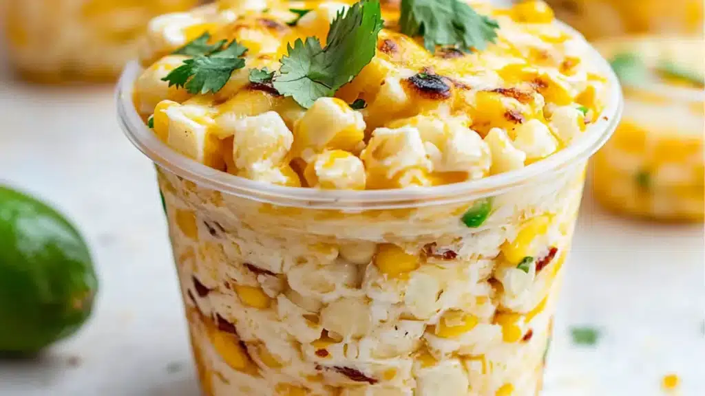 a plastic cup filled with mexican food and garnished with cilantro on the side