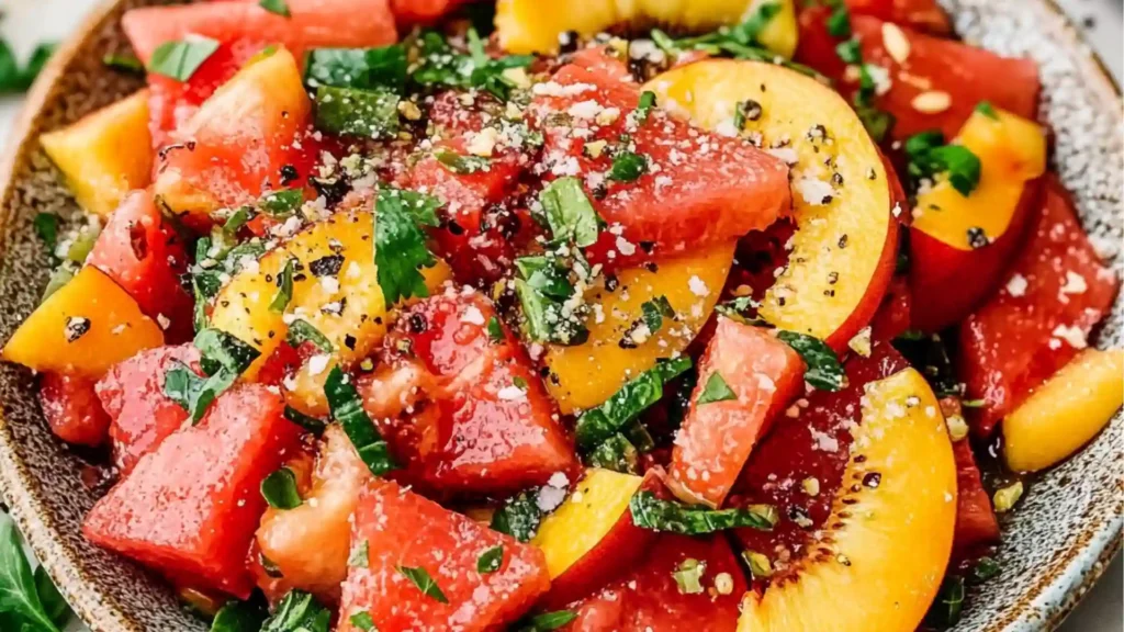 watermelon salad with mint and feta cheese in a white bowl on the side