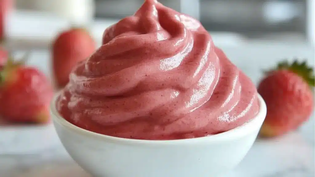strawberry dole whip in a plastic cup with strawberries on top