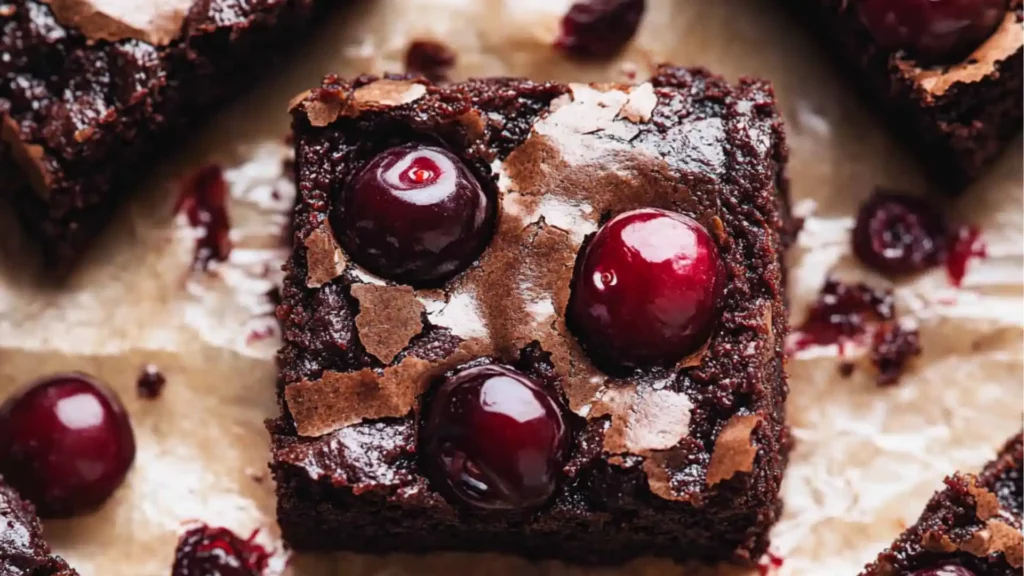 chocolate cherry brownies on parchment paper with cherries in the background and text overlay