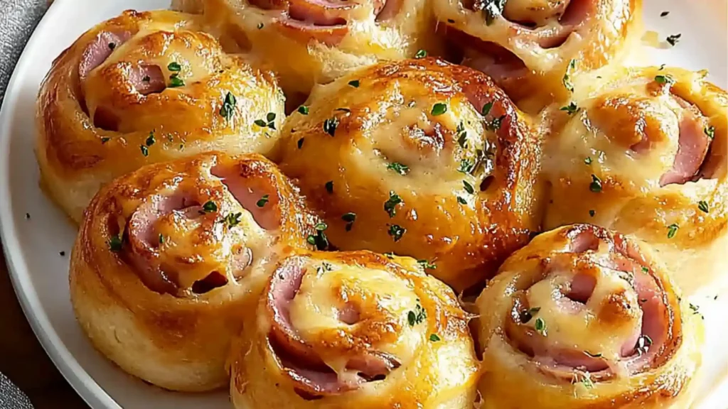 baked ham and cheese rolls with honey mustard glaze in a red baking dish on a white table