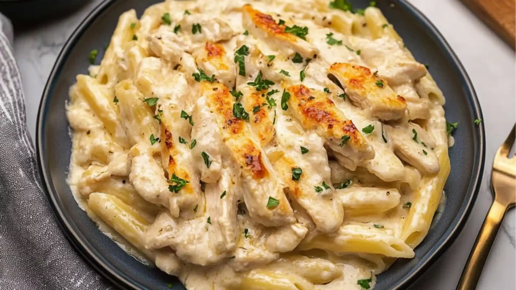 garlic butter chicken with rigatoni and parmesan pasta in a black bowl