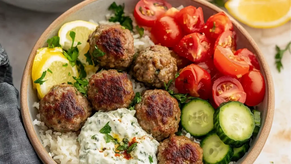 a plate with meatballs, rice and cucumber salad on it next to a fork