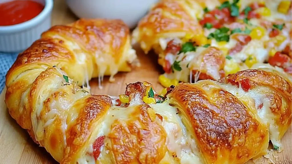 a close up of a plate of food with bread on it and the words spicy italian crescent ring