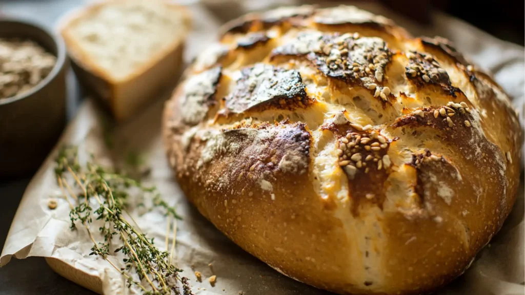 the bread has been sliced and is ready to be eaten with text overlay that reads traditional german rustic bread loaf
