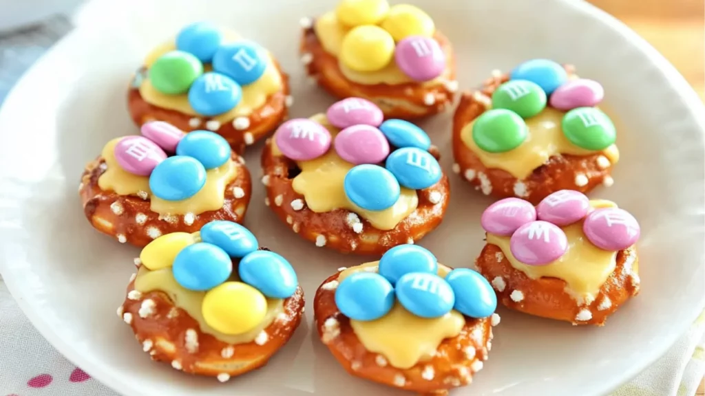 colorful candies are arranged on a plate with the words spring flower pretzel bites