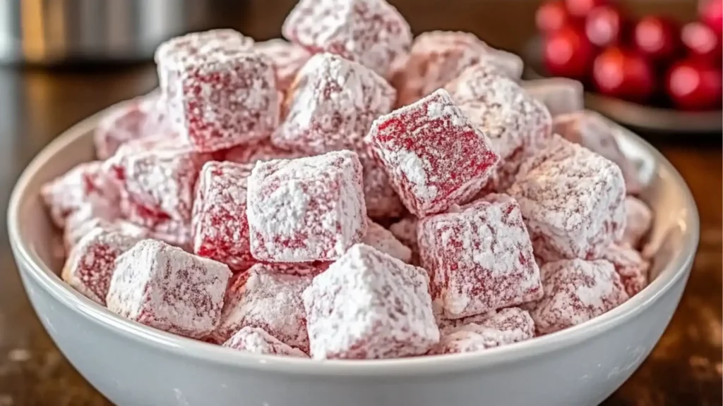 cherry cheesecake puppy chow recipe in a bowl