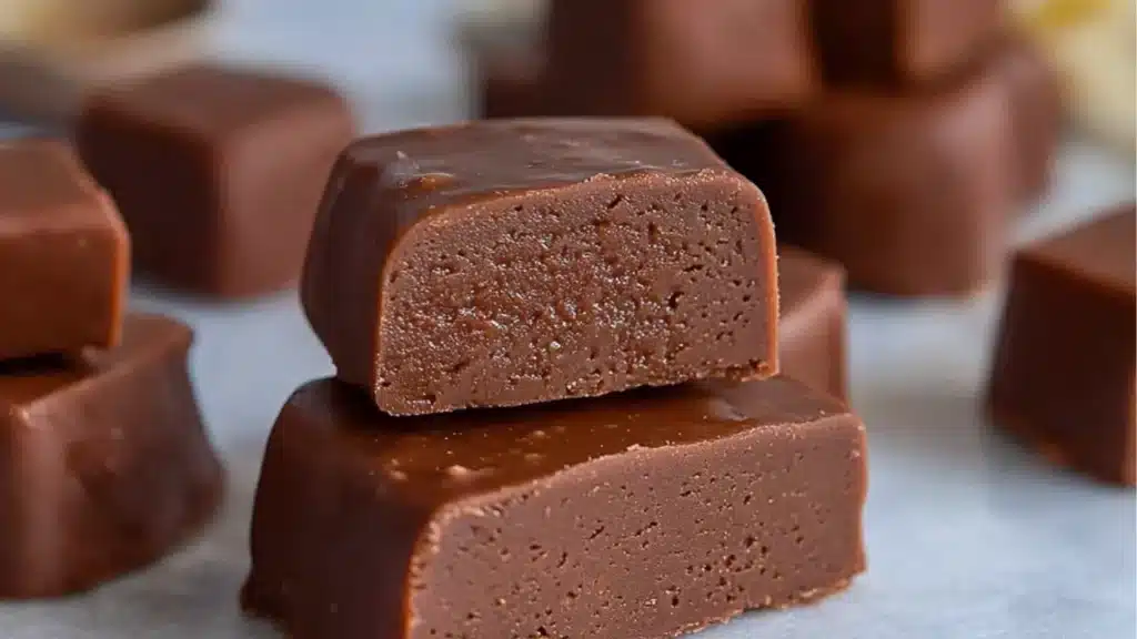 chocolate fudge is being cut into pieces with the words mackinac island fudge above it