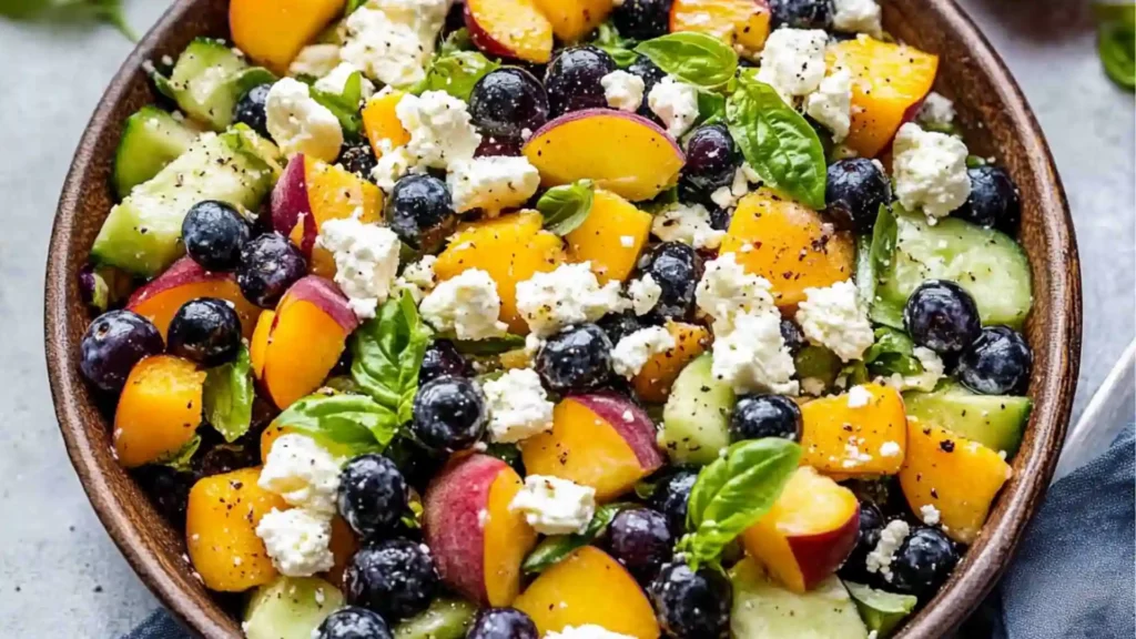 blueberry peach and feta salad with cucumbers in a bowl on the side