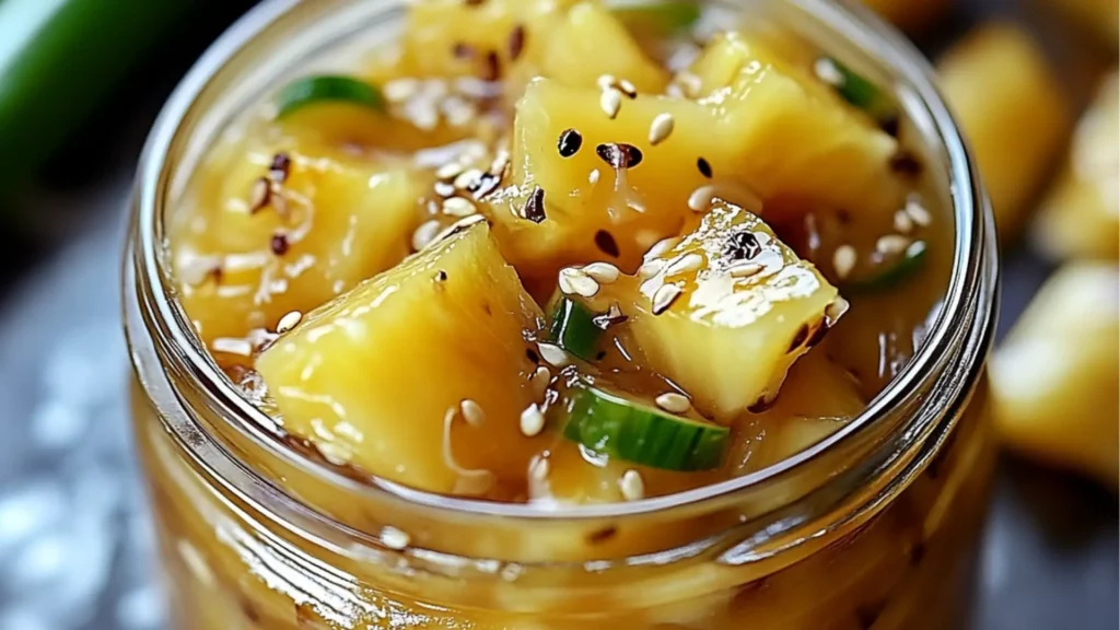 pineapple cowboy candy in a jar with mountains in the background and text overlay