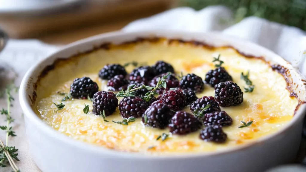 baked lemon ricotta dip with blackberrys and honey