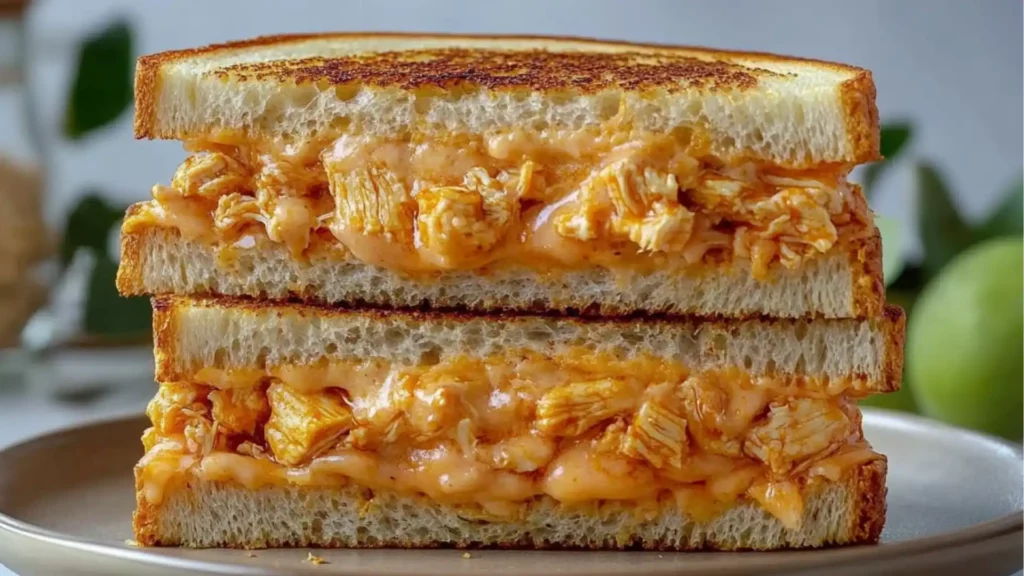 the buffalo chicken grilled cheese sandwich is cut in half and stacked on top of each other