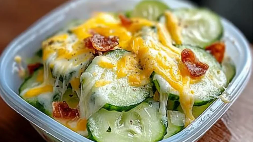 a plastic container filled with cucumber and bacon salad on top of a wooden table