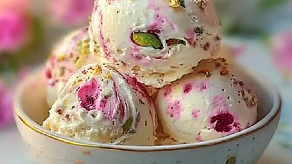 rose pistachio cheesecake ice cream in a bowl