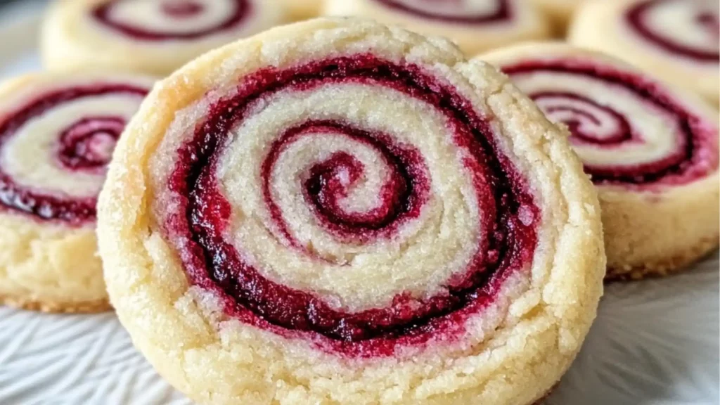 raspberry swirl shortbread cookies are stacked on top of each other and ready to be eaten
