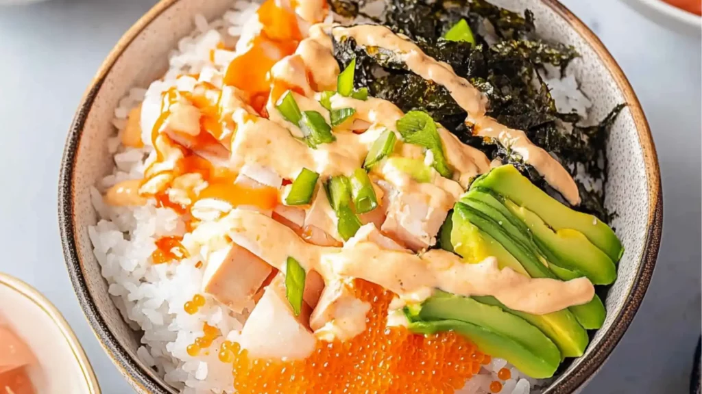 bowl filled with different types of food and the words california roll sushi bowls