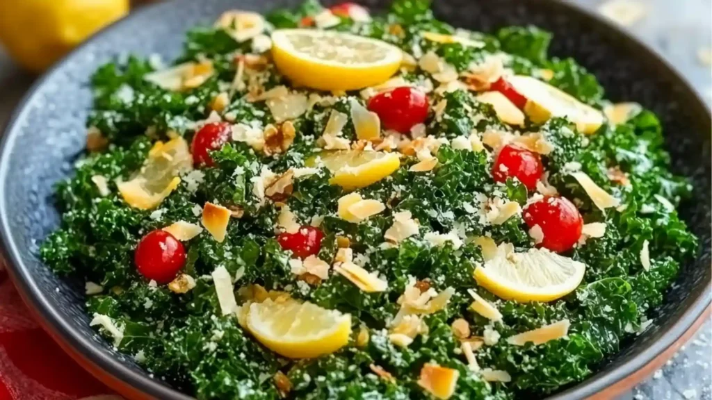 lemon parm kale salad on a white plate with spoons next to it