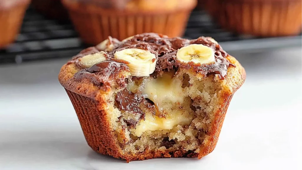 nutella banana muffins with chocolate frosting in the middle and one cut in half