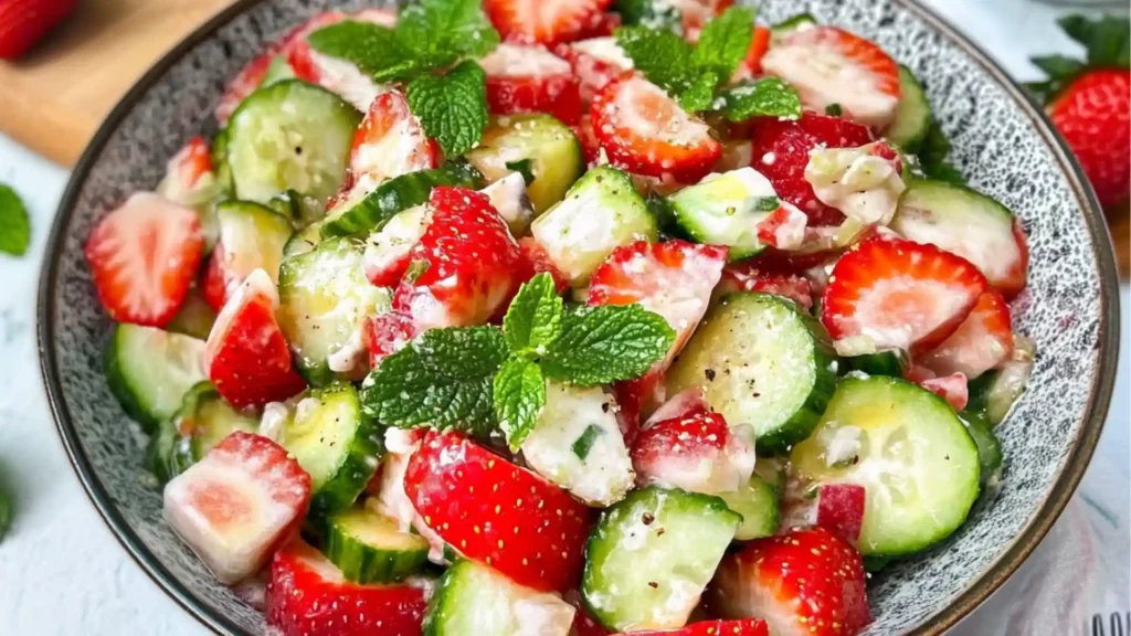 bowl filled with strawberries and cucumber salad next to lemon wedges