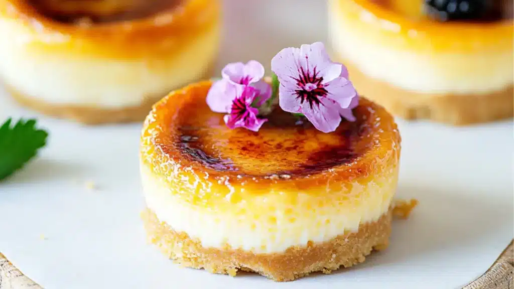 vanilla bean creme brulee cheesecake cupcakes on a white plate