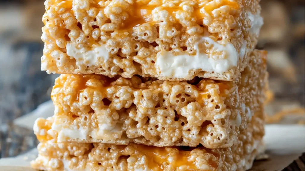 brown butter, dulce de leche rice krispie treats are stacked on top of each other