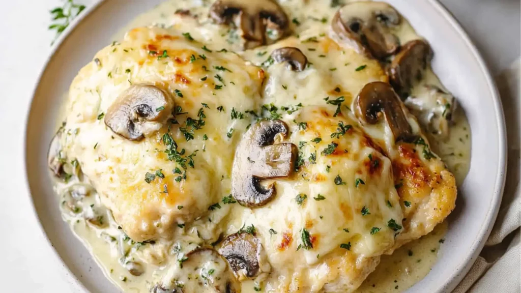 mushroom chicken with gravy in a skillet on the side and an image of mushrooms