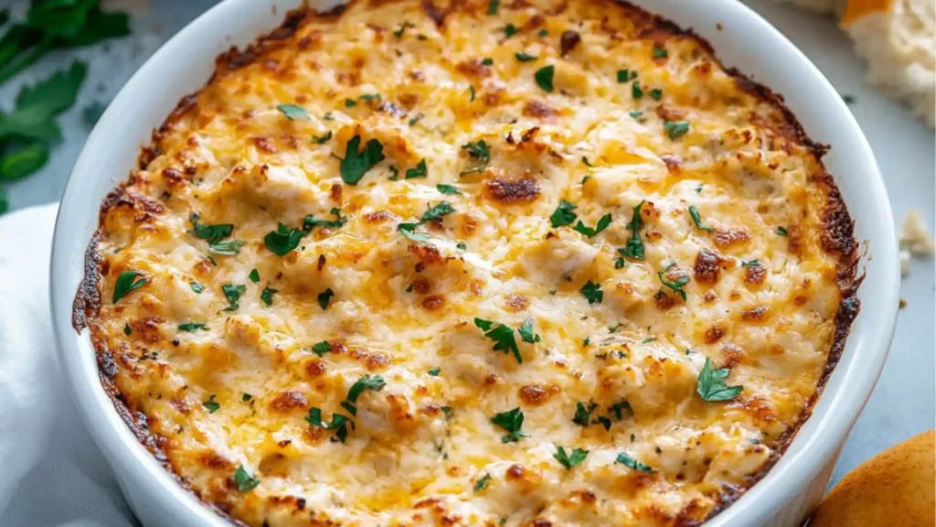 a close up of a casserole dish with bread on the side and text overlay that reads, maryland crab dip made by a true marylander