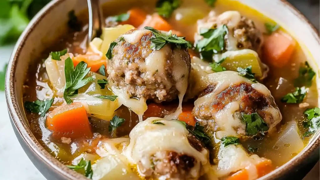 a bowl of meatball vegetable soup with the title overlay