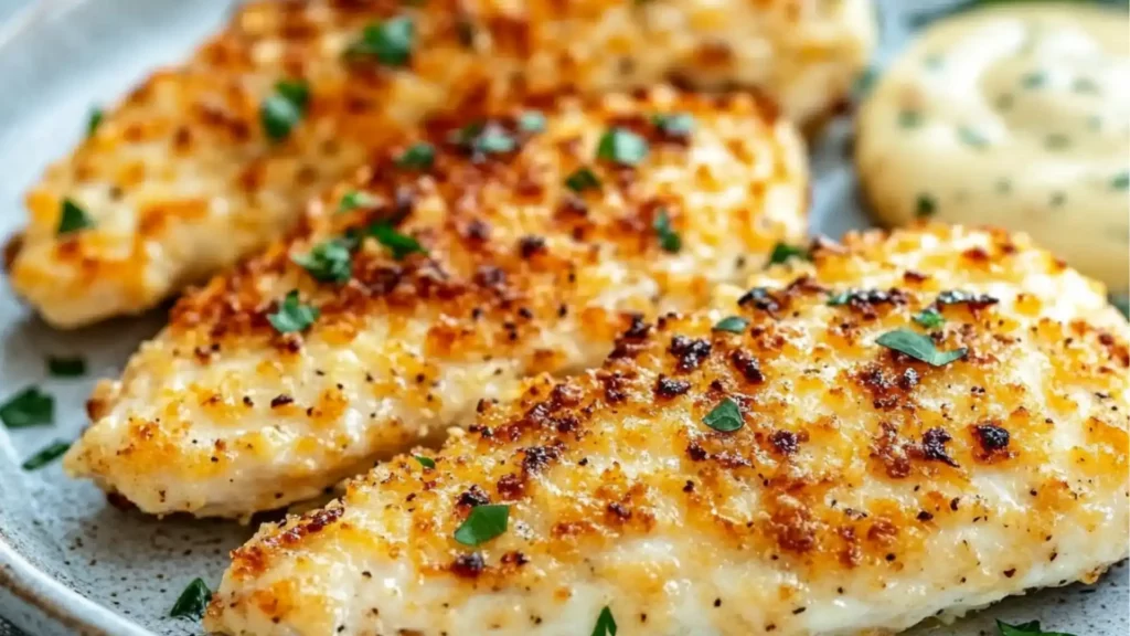 air fryer parmesan crusted chicken on a plate with sauce and herbs