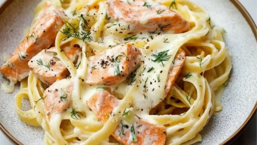 lemon dill salmon pasta on a plate with text overlay