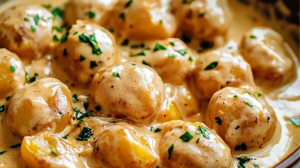 garlic sauce baby potatoes in a white bowl