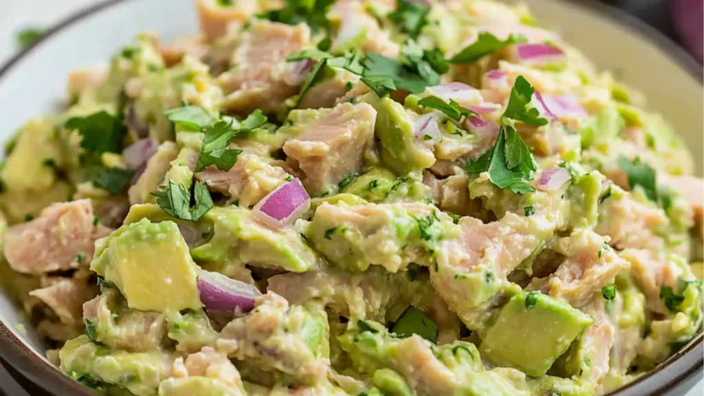 avocado and tomato salad with a fork stuck in it
