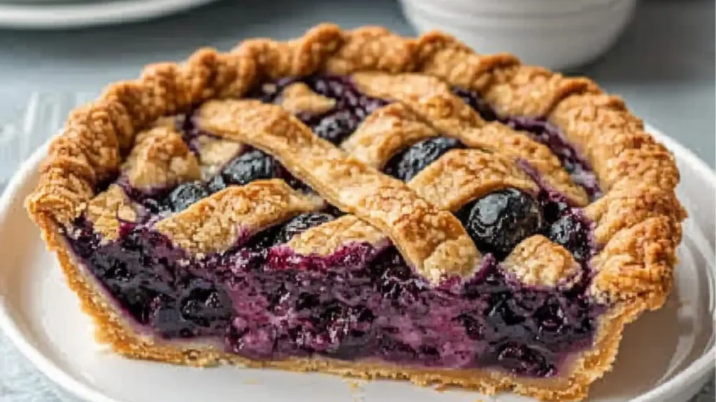 blueberries are being poured into a pie crust