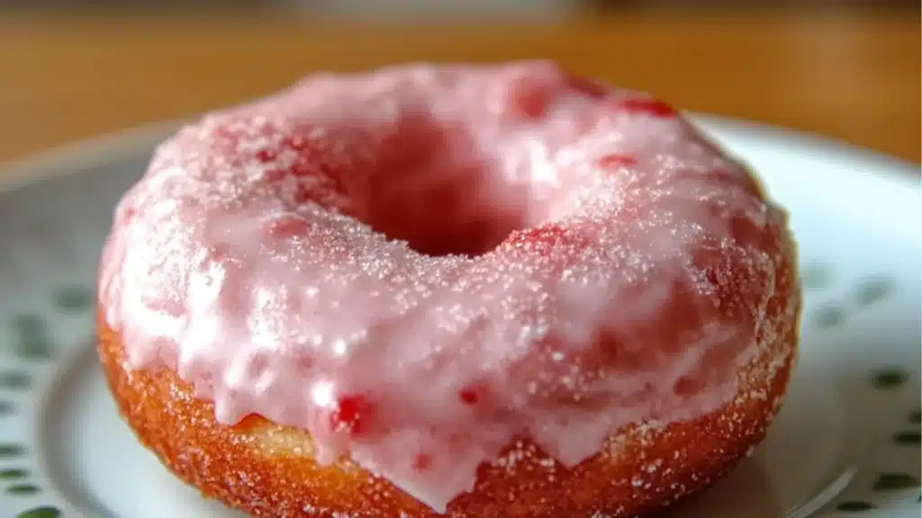 donuts with pink frosting and strawberry filling on them