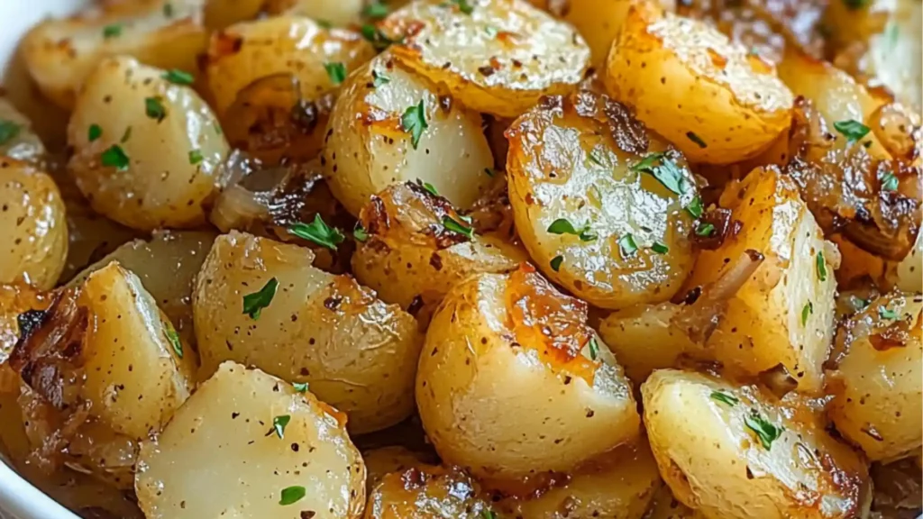 french onion potatoes in a white casserole dish