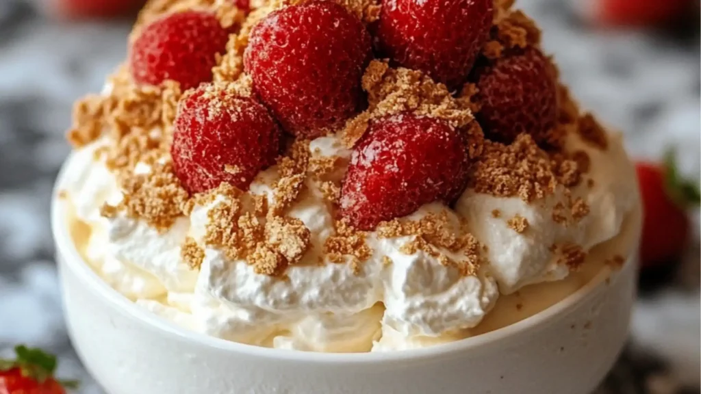 high protein cheesecake fluff in a bowl with raspberries on the side