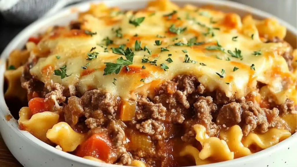 a casserole dish with meat, cheese and tomatoes on the side is ready to be eaten