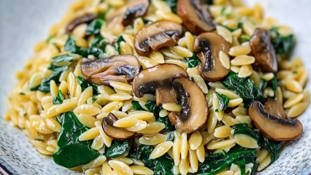 mushroom spinach orzo pasta with mushrooms and parsley on top
