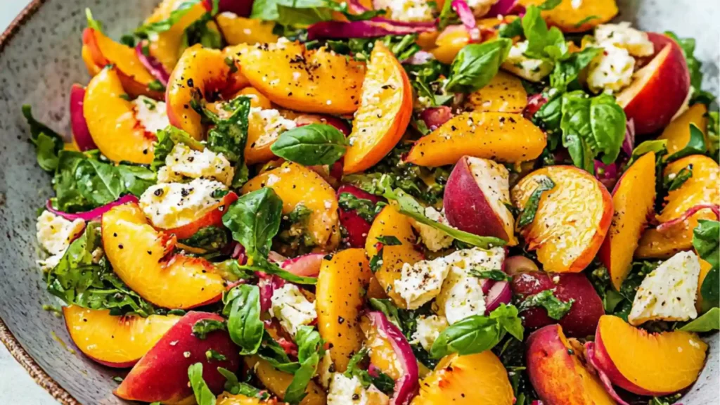 a white bowl filled with salad topped with peaches and feta cheese on top