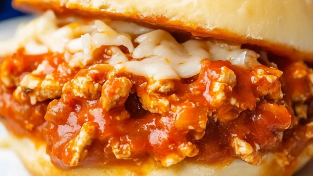 chicken parmesan sloppy joes on a white plate with text overlay that reads chicken parmesan sloppy joes