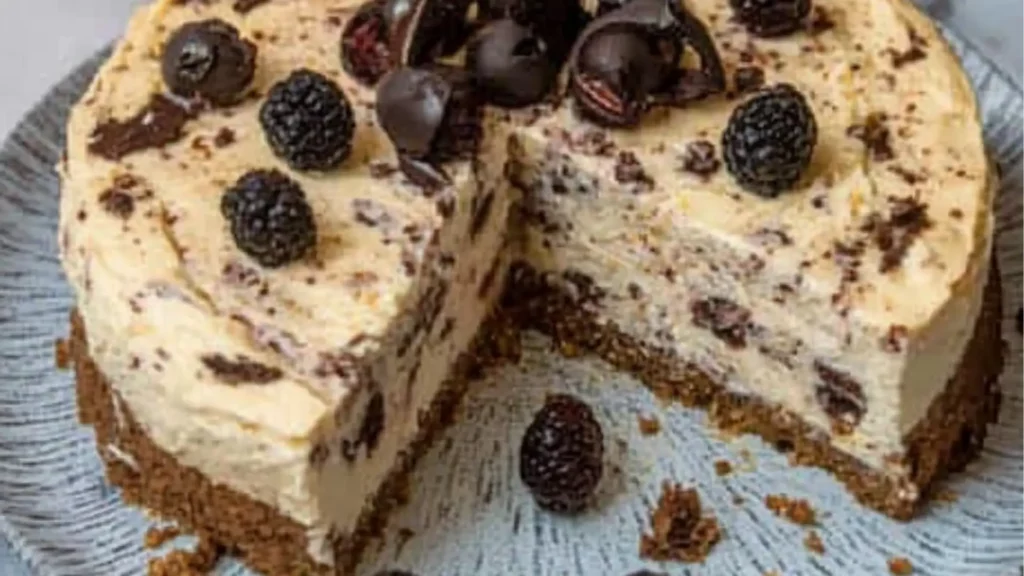 high protein cheesecake with chocolate chips on top and in the middle, is ready to be eaten